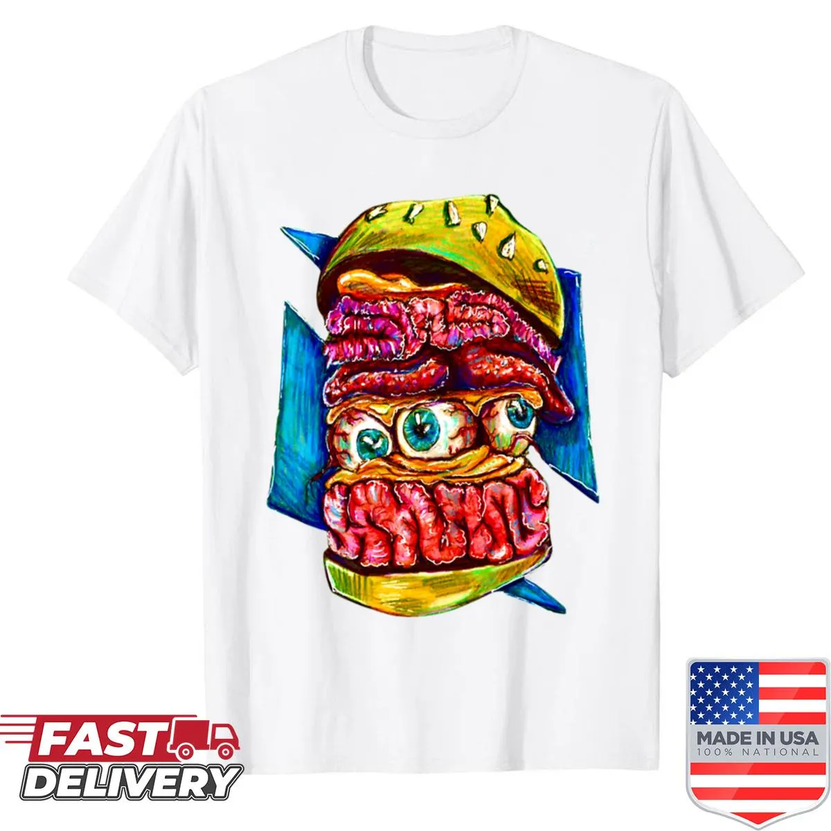 Zom-burger T-shirt with a humorous zombie burger design