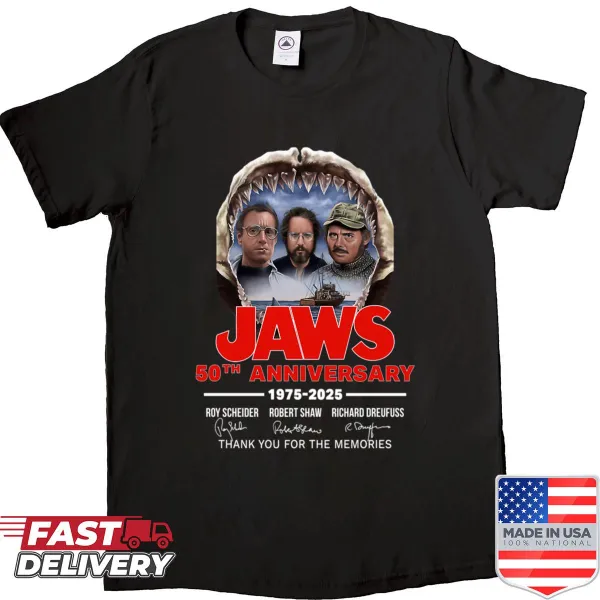 Vintage Jaws 1975 anniversary shirt featuring classic film design
