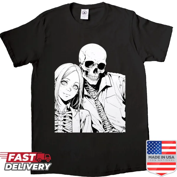 Gothic skeleton romance shirt featuring two skeletons in love