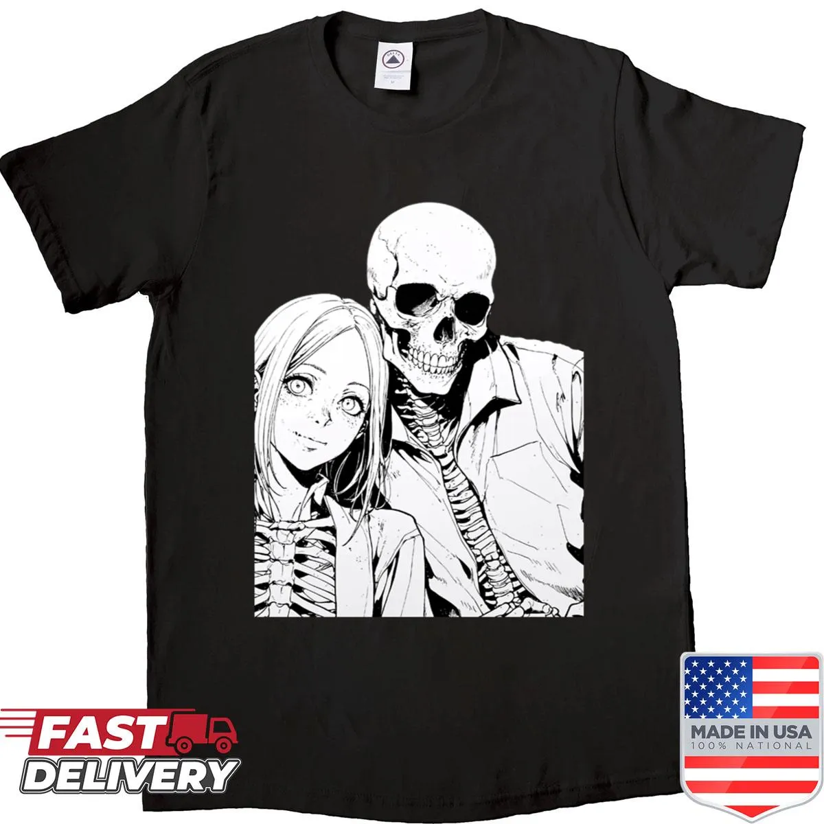 Gothic skeleton romance shirt featuring two skeletons in love