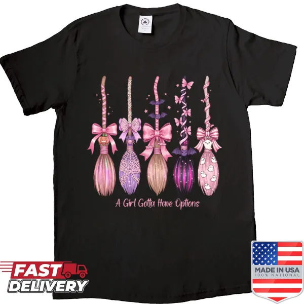 Illustrated shirt with various whimsical witch brooms
