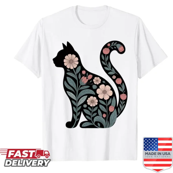 Abstract cat silhouette shirt with floral designs