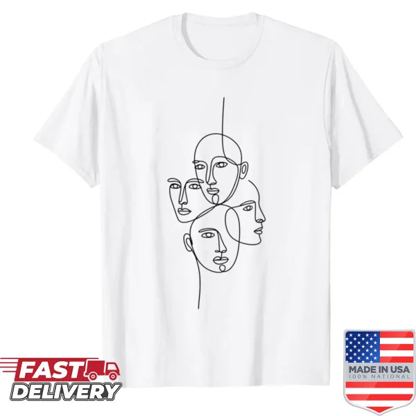 Minimalist shirt featuring abstract faces in a line drawing design.