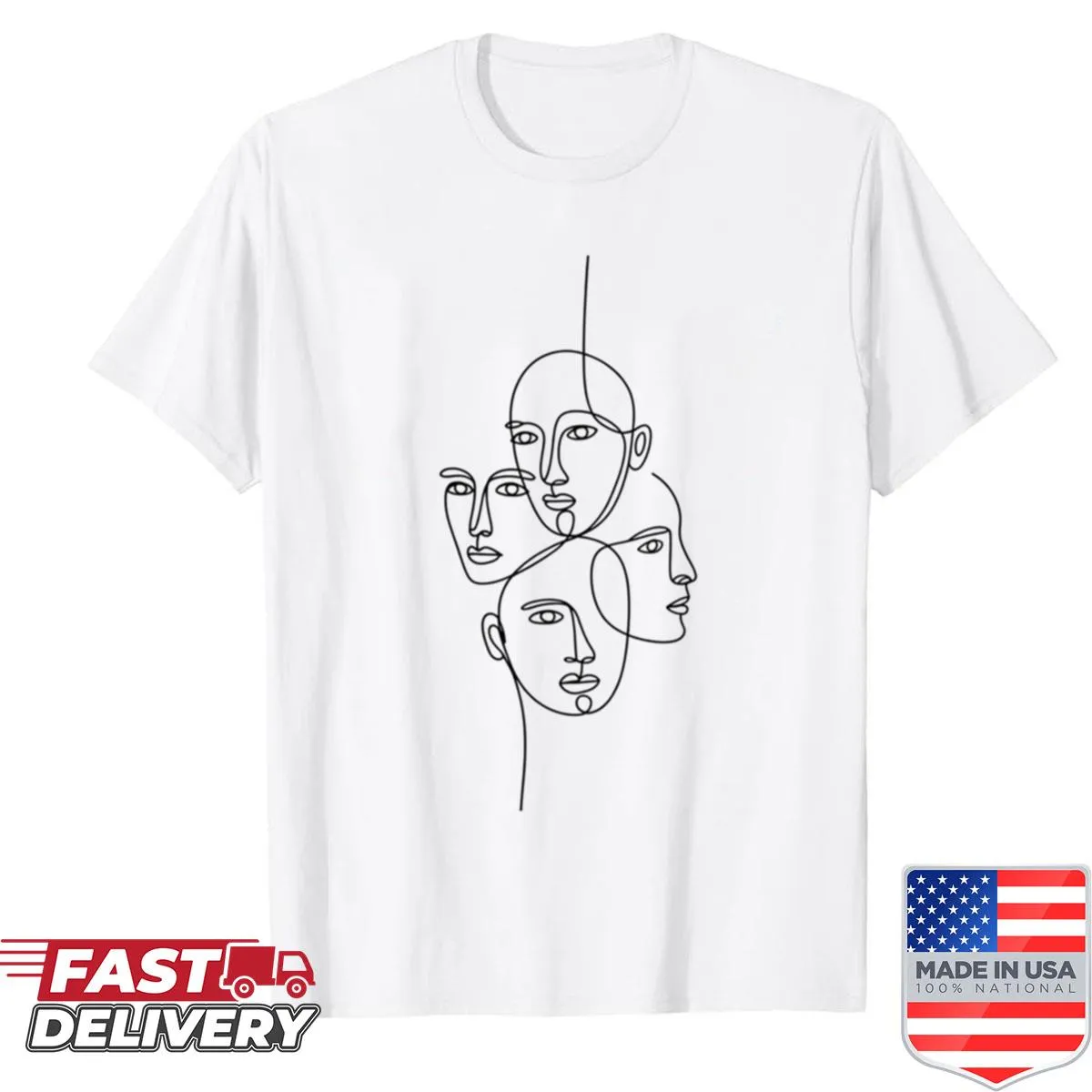 Minimalist shirt featuring abstract faces in a line drawing design.