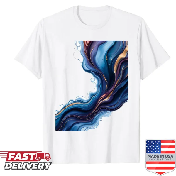 Abstract design of blue and gold waves, showcasing fluid art style.