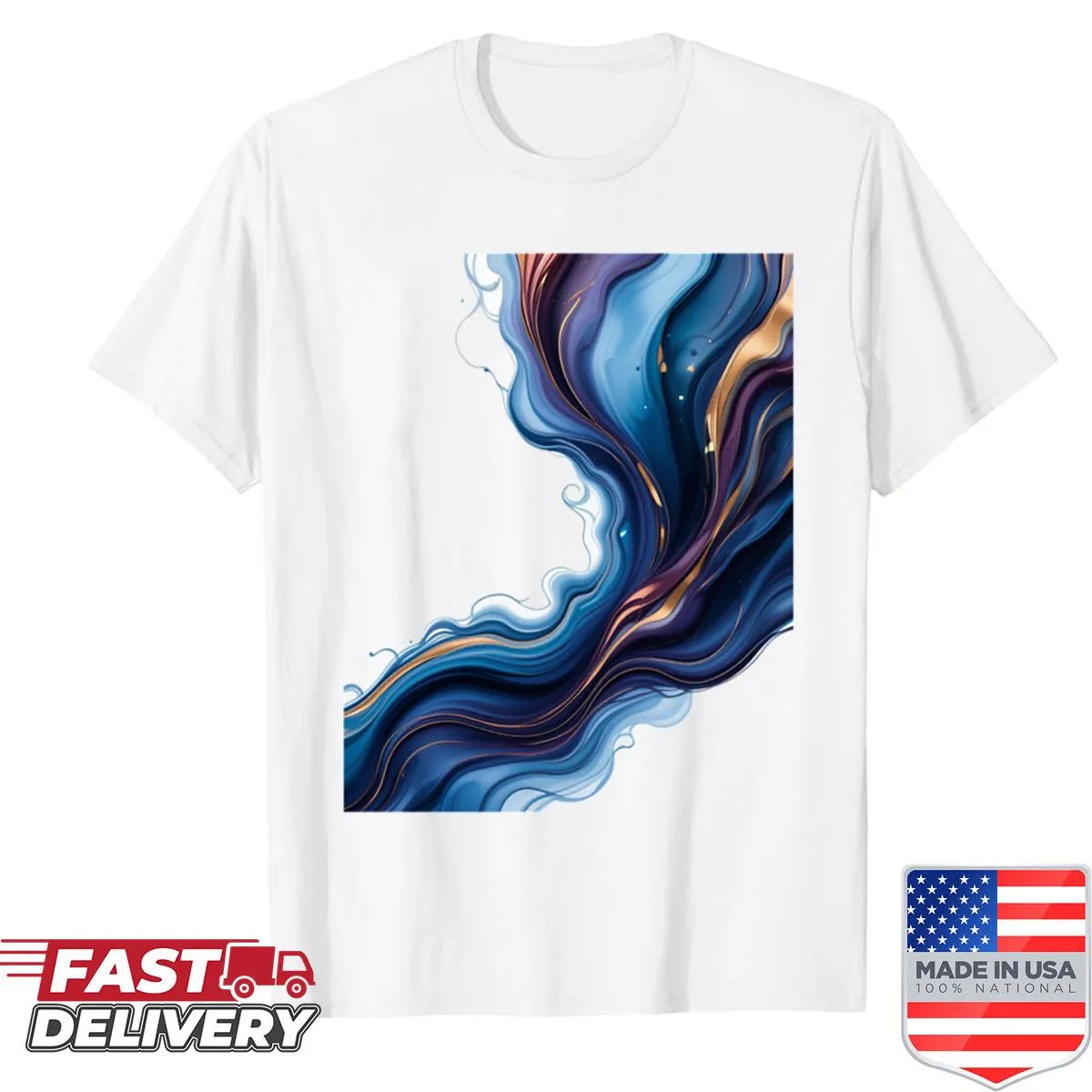 Abstract design of blue and gold waves, showcasing fluid art style.