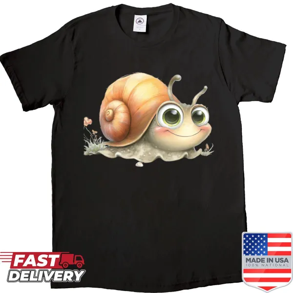 Cute cartoon snail smiling in a garden setting
