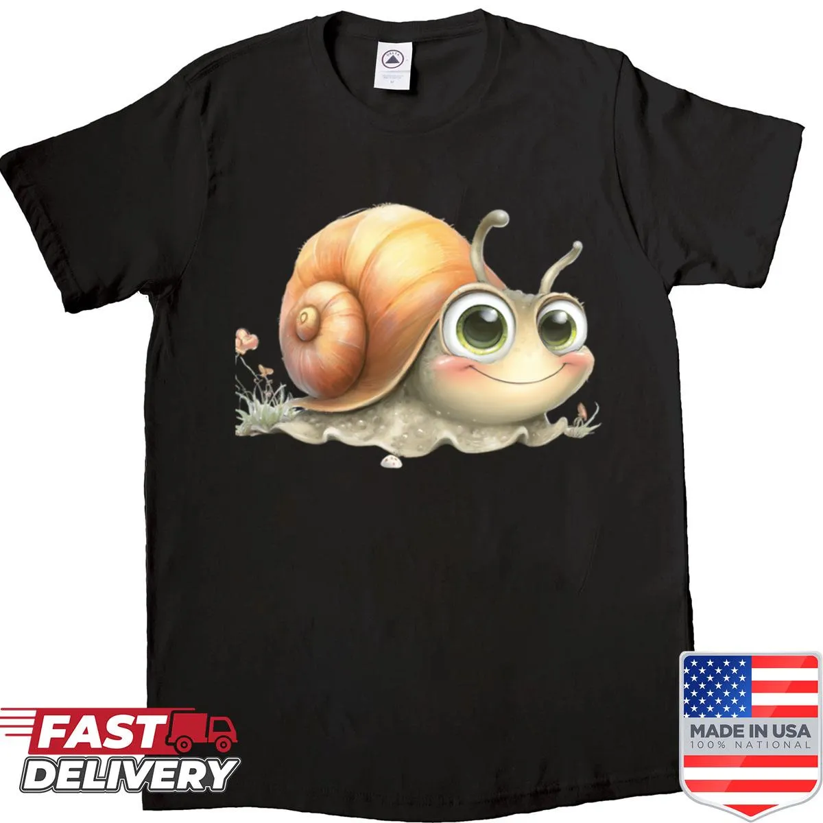 Cute cartoon snail smiling in a garden setting