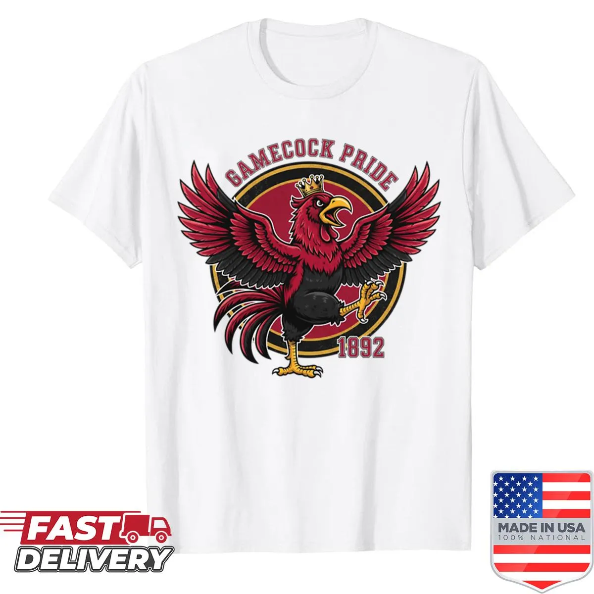 Vintage-style illustration of a gamecock mascot on a shirt
