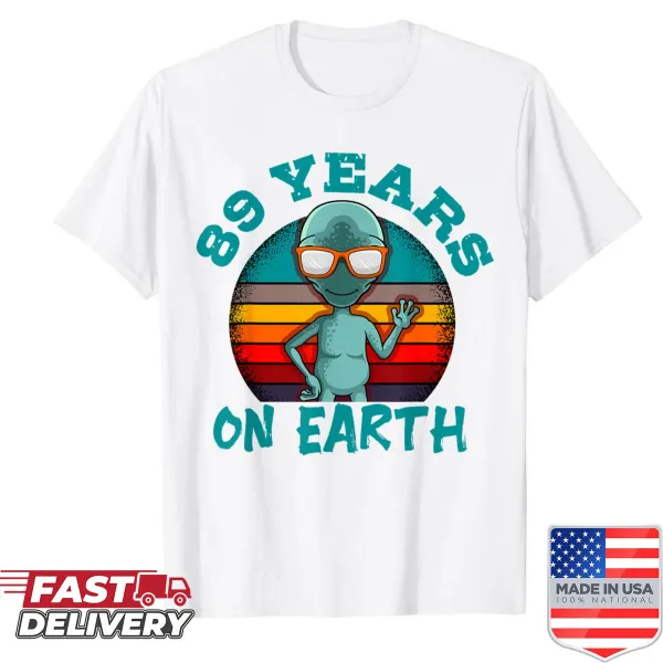 Alien-themed birthday shirt with UFOs and cosmos graphics