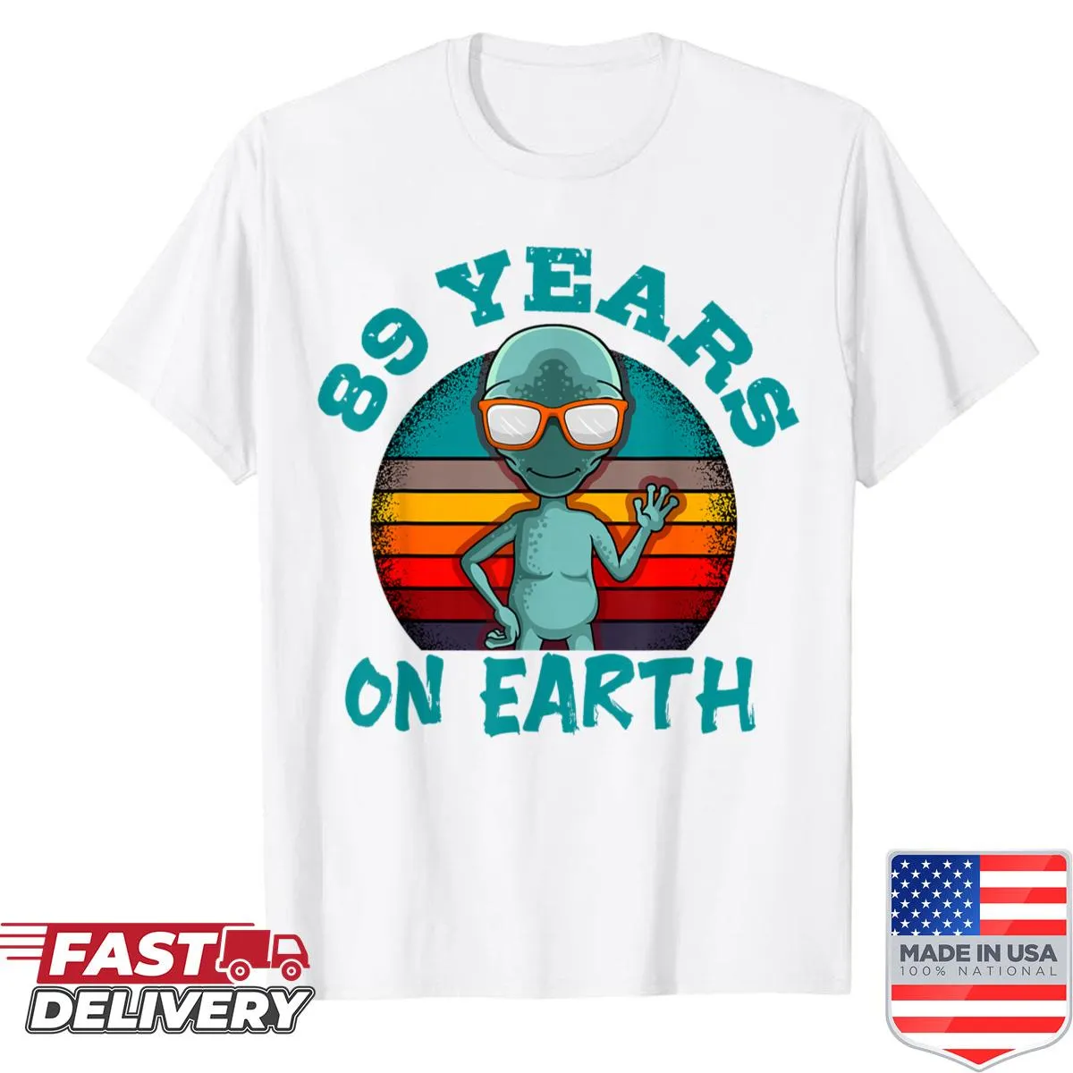 Alien-themed birthday shirt with UFOs and cosmos graphics