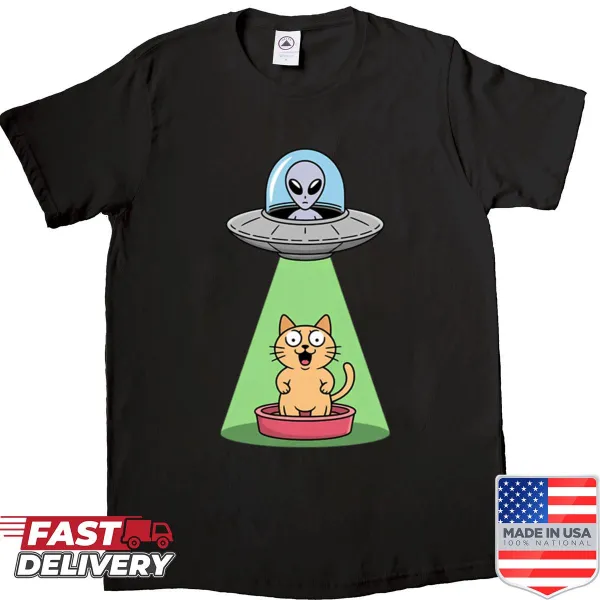 Funny illustration of an alien abducting a cat from a litter box