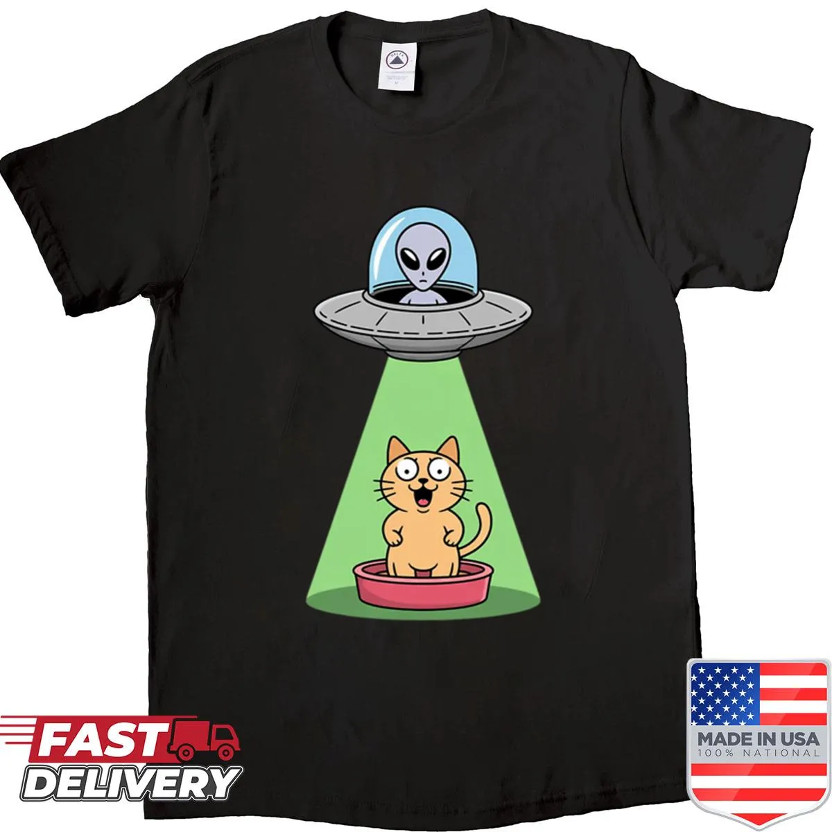 Funny illustration of an alien abducting a cat from a litter box
