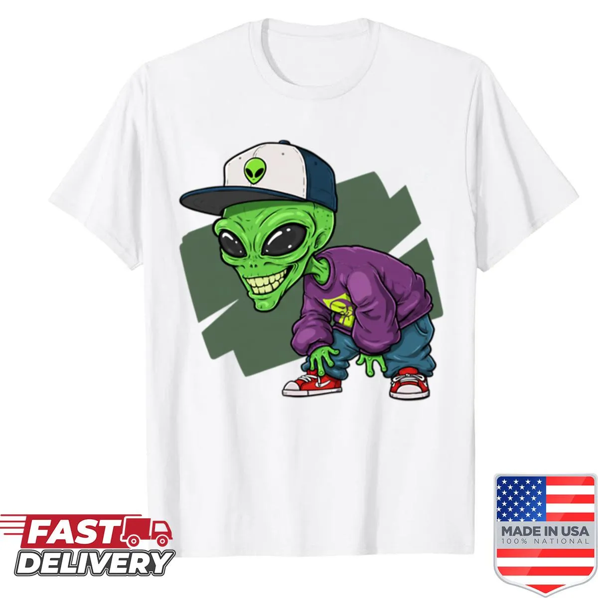 Cartoon alien in street style attire, embodying a fun, playful theme.