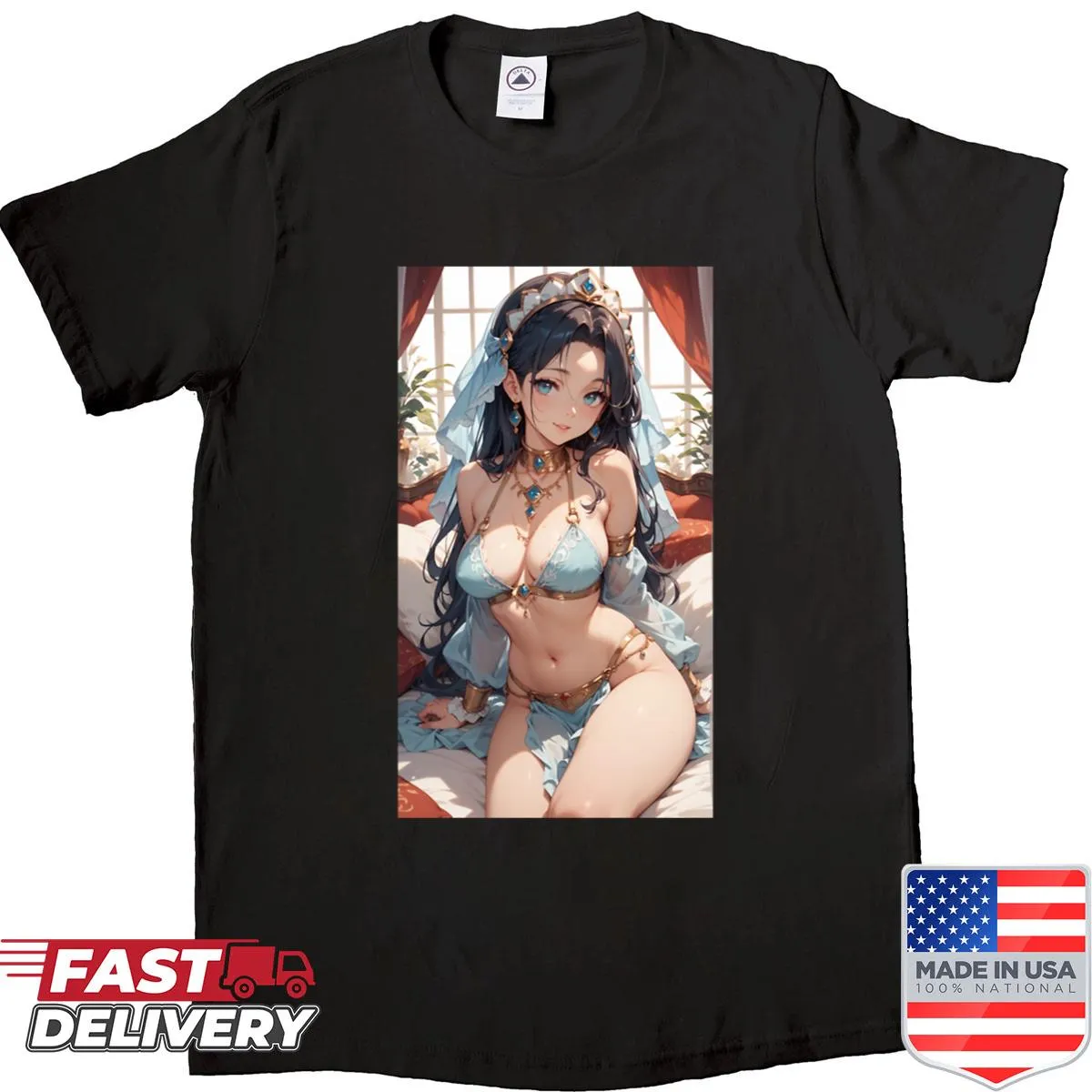 Anime shirt featuring a dark-haired maiden with sapphire jewel illustrations