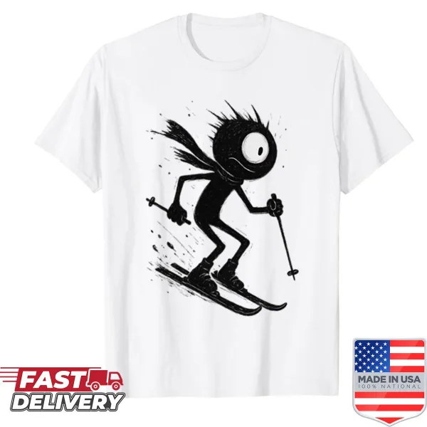 Whimsical gremlin design on a shirt depicting midnight skiing