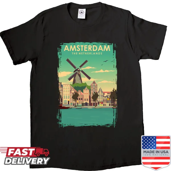Vintage travel poster design featuring Amsterdam landmarks