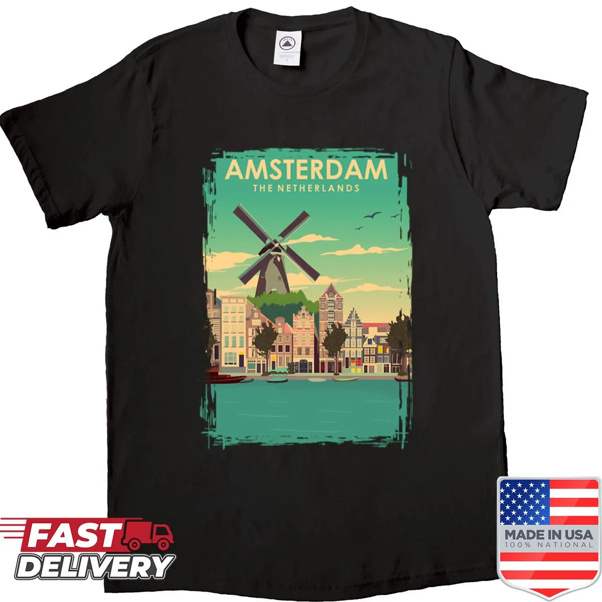 Vintage travel poster design featuring Amsterdam landmarks