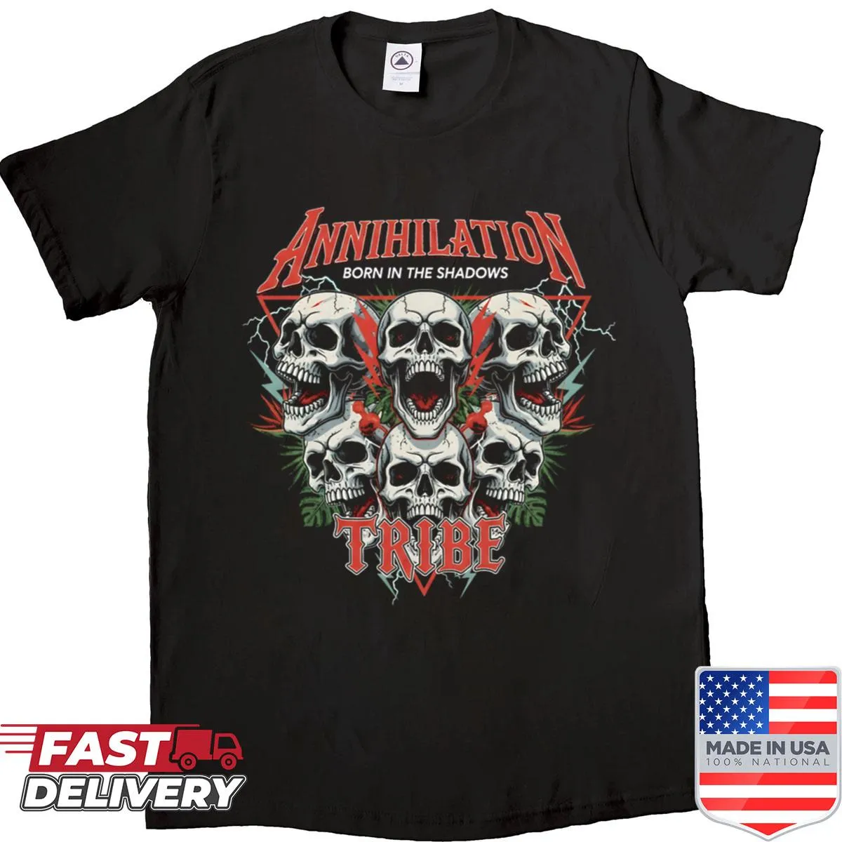 Annihilation Tribe graphic shirt with 'Born In The Shadows' art