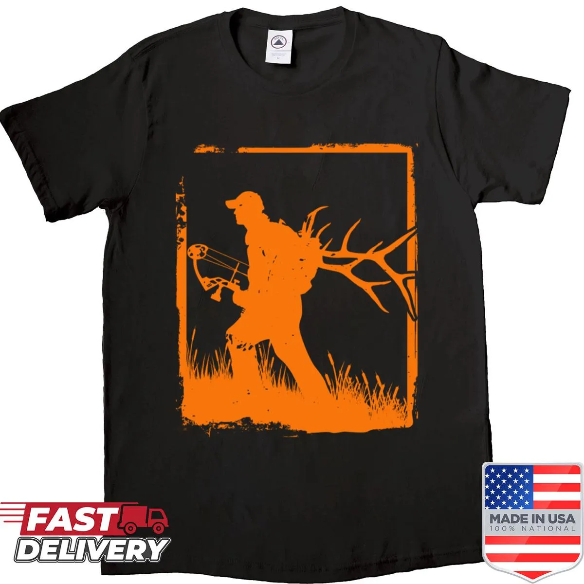 Illustration of an archer with deer, moose, and mule on shirt