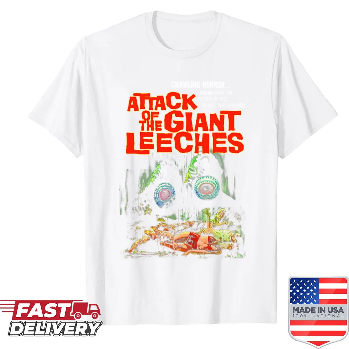 Cartoon design of giant leeches on a humorous t-shirt