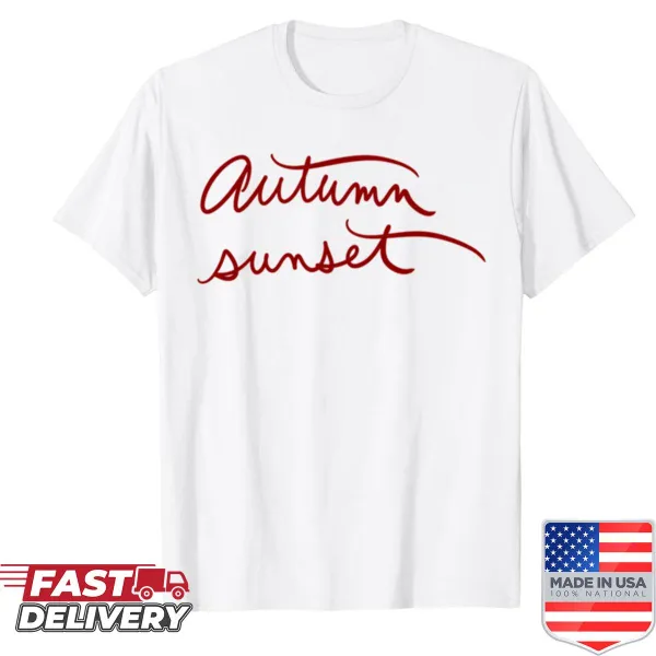 T-shirt illustrating a peaceful autumn sunset scene.