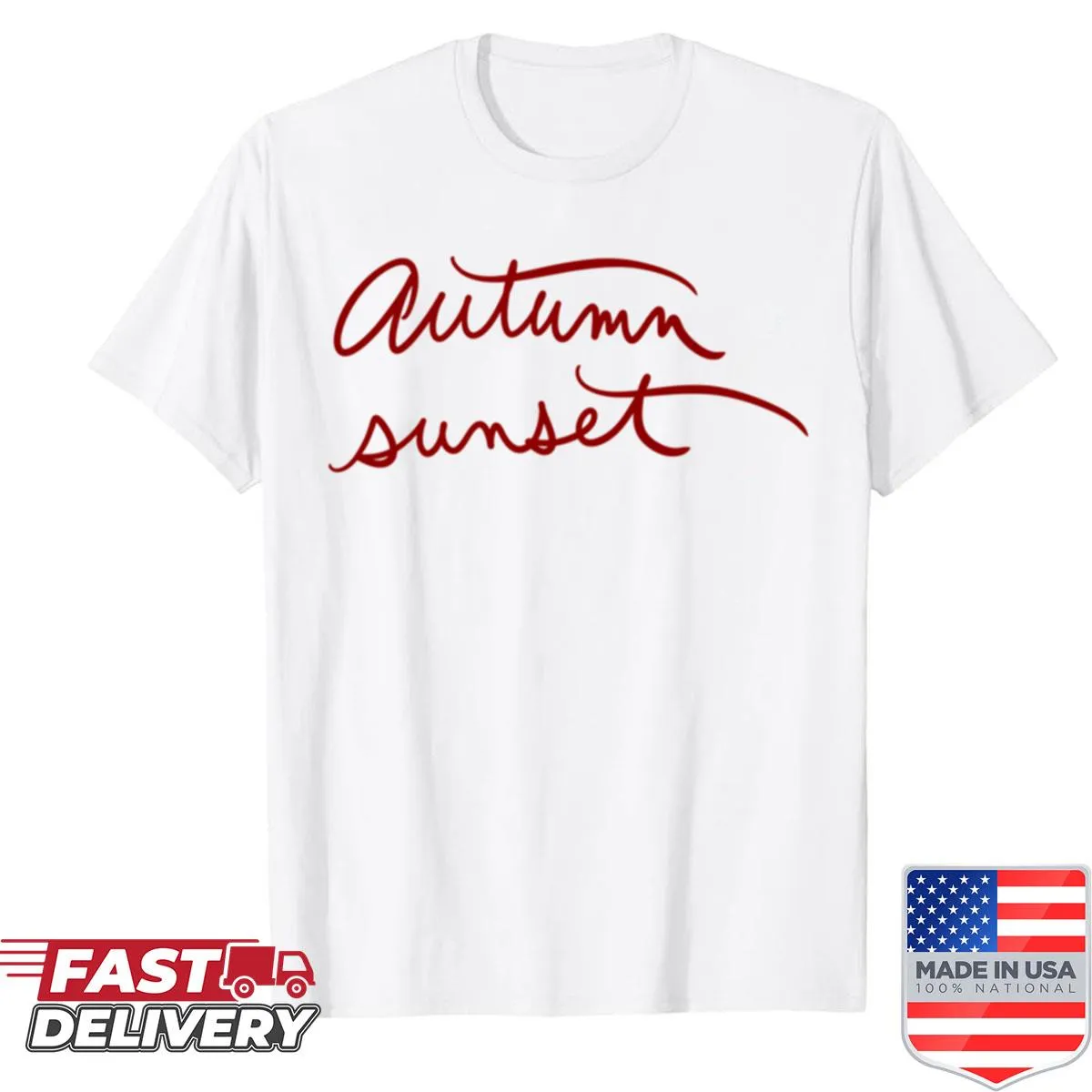 T-shirt illustrating a peaceful autumn sunset scene.