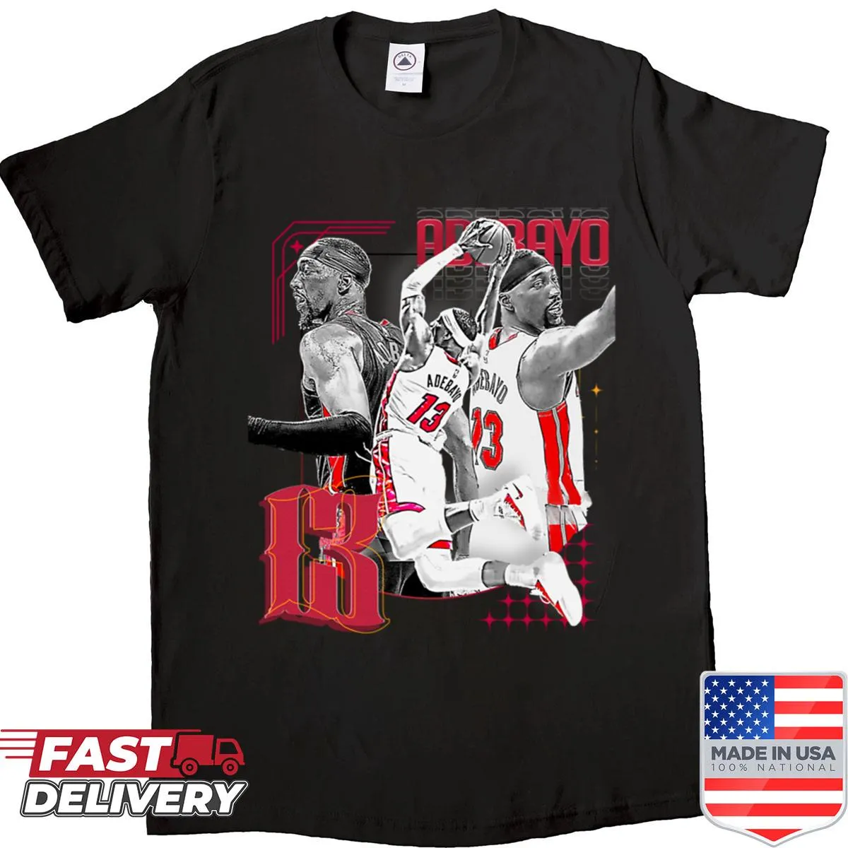 Illustration of B Adebayo in action on a basketball-themed shirt
