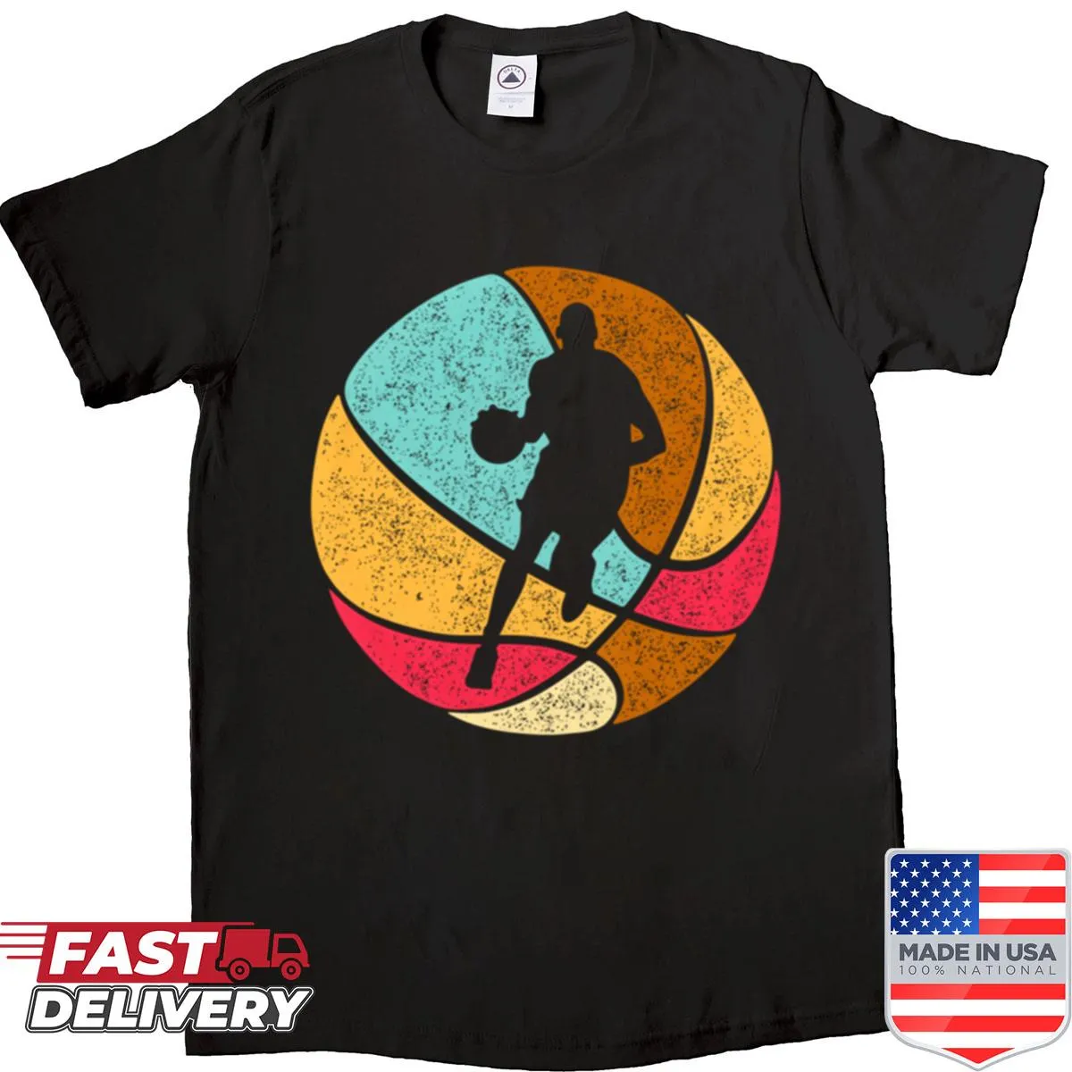 T-shirt featuring an illustrated basketball player in action