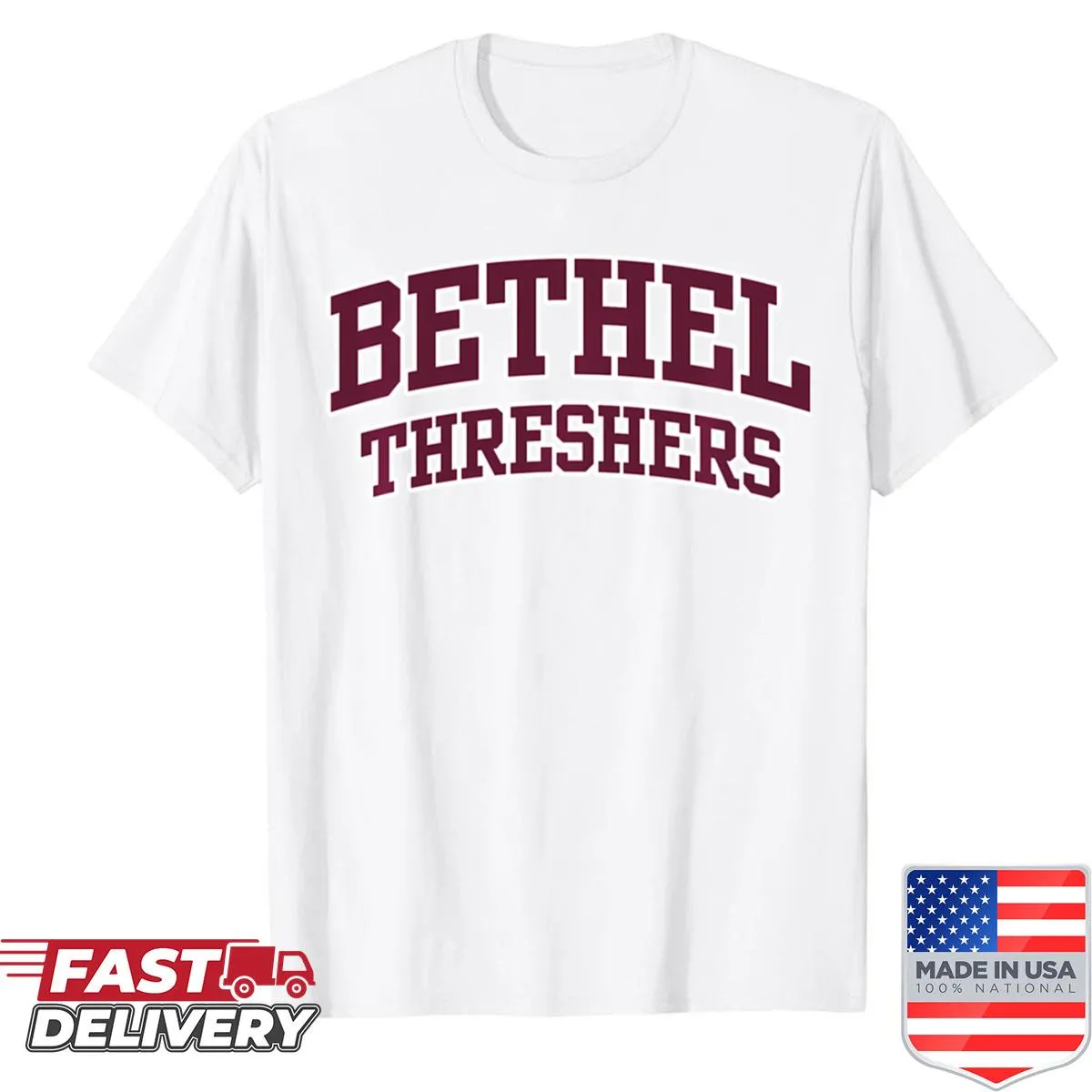 Bethel College Threshers shirt featuring bold logo and typography