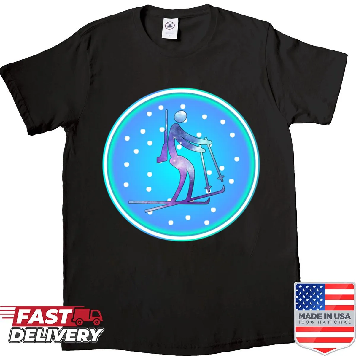 Biathlon-themed winter sports T-shirt with dynamic graphic