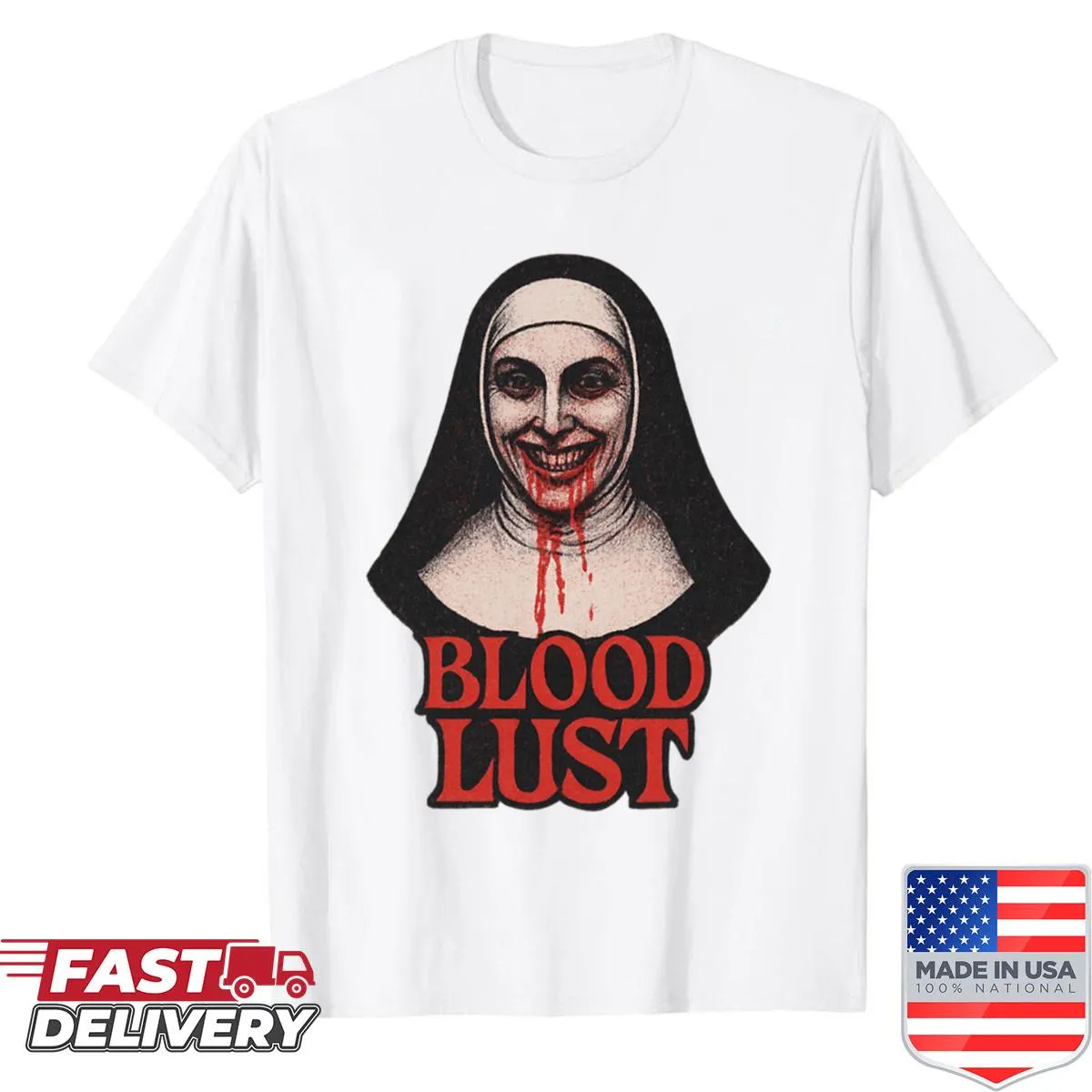 Horror-themed nun t-shirt with a blood design