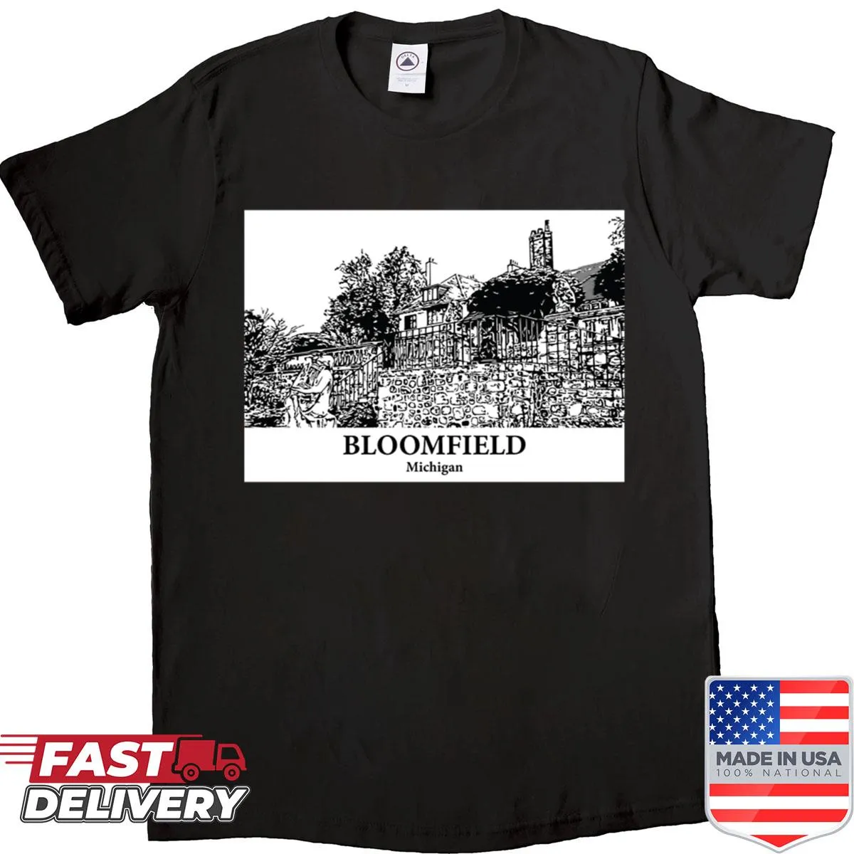 Illustrative design representing Bloomfield, Michigan on a t-shirt.