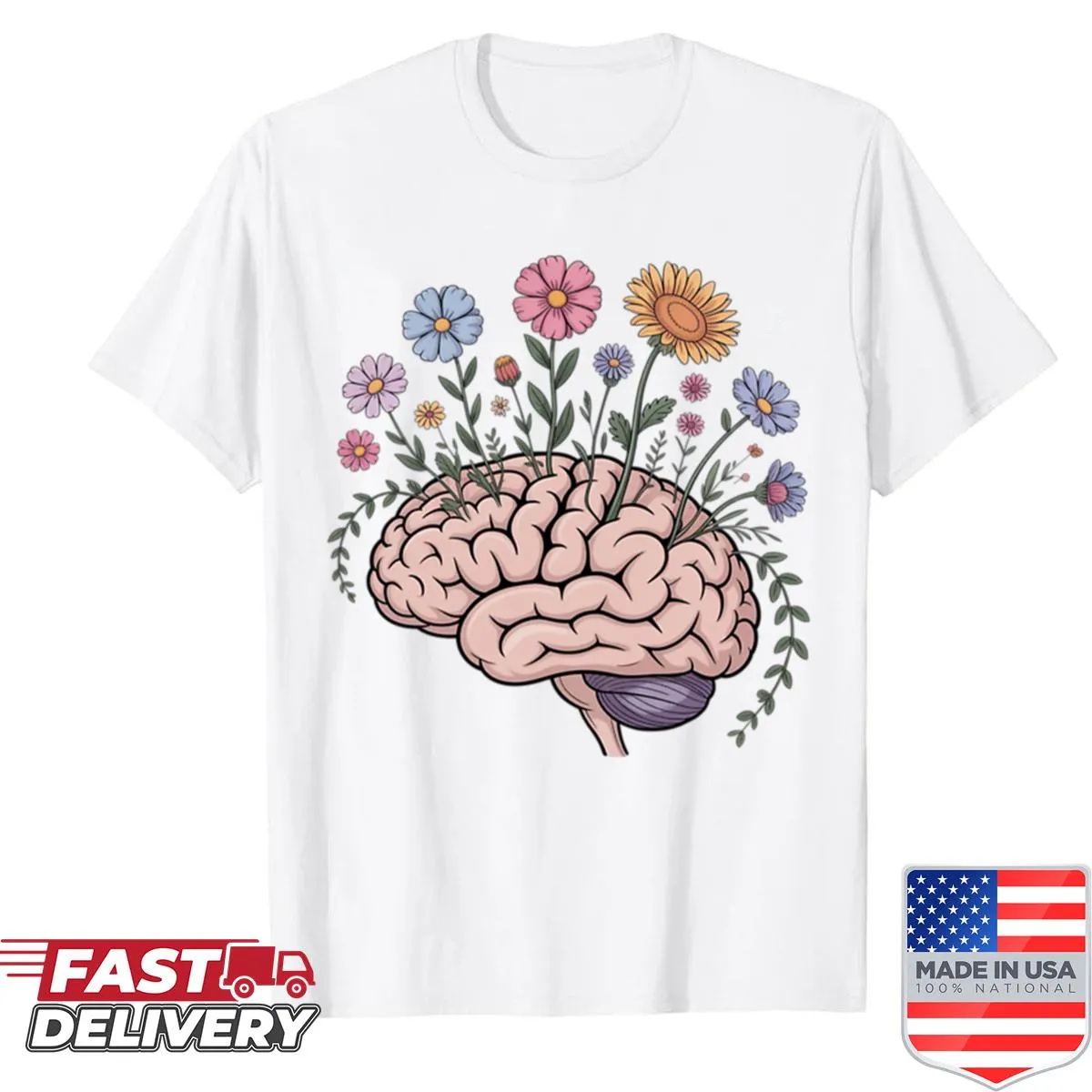 Art shirt featuring a brain with blooming flowers representing mental health.