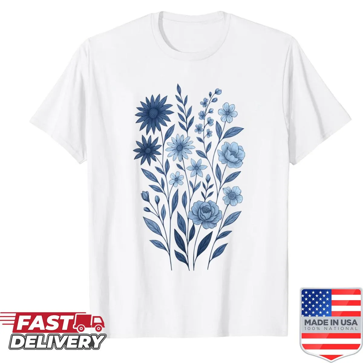 Botanical floral art design on a women's t-shirt.