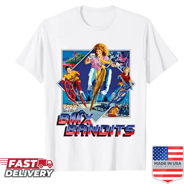 Cartoon graphic T-shirt featuring BMX bikers in action.