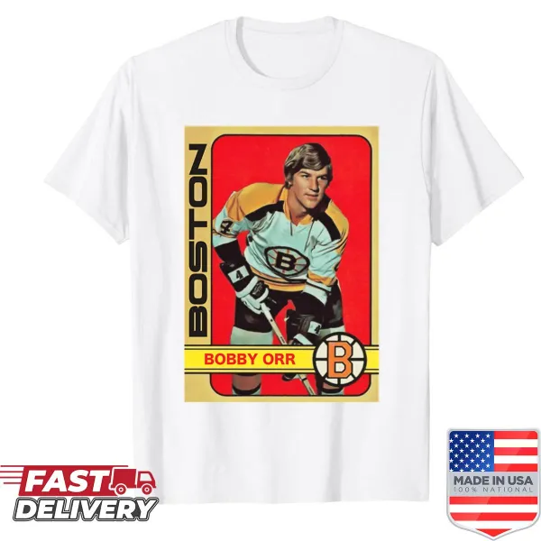 Bobby Orr ice hockey trading card graphic on a t-shirt.