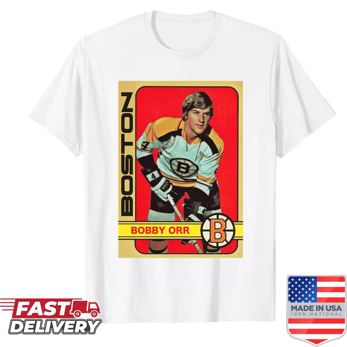 Bobby Orr ice hockey trading card graphic on a t-shirt.