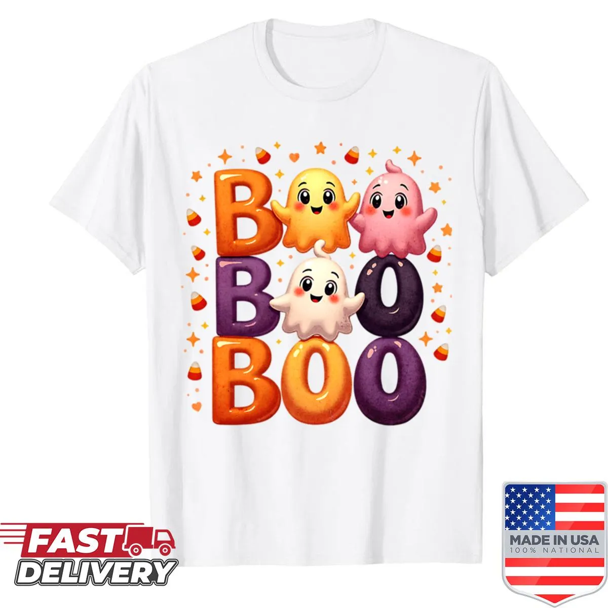 Cute Halloween shirt with cartoon ghosts and playful text