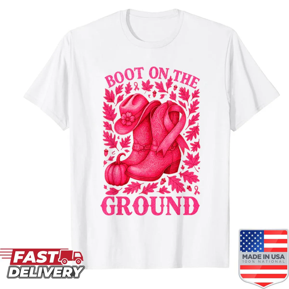 Graphic showing boots and pink ribbon for breast cancer awareness