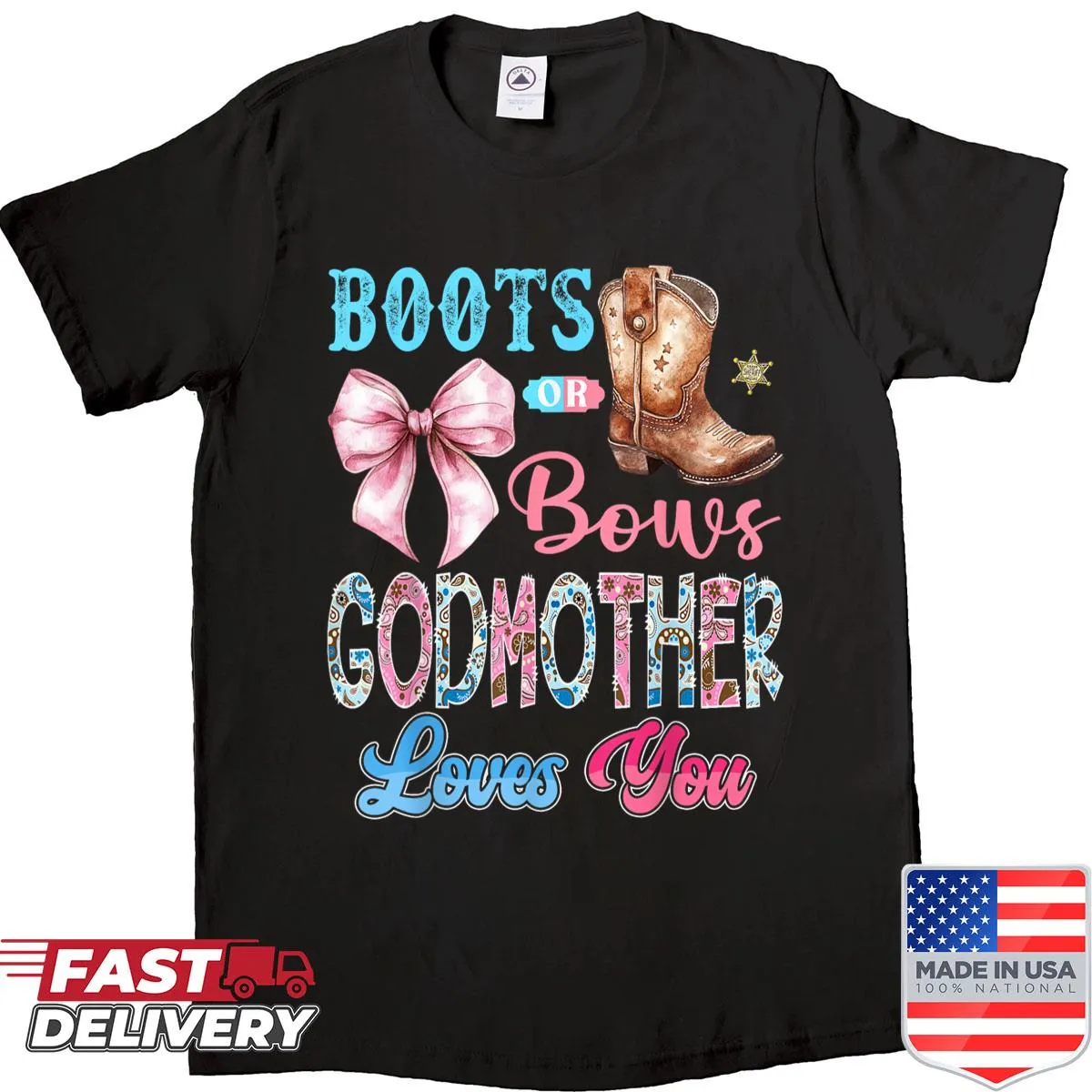 Gender reveal shirt with 'Boots or Bows' text in western style