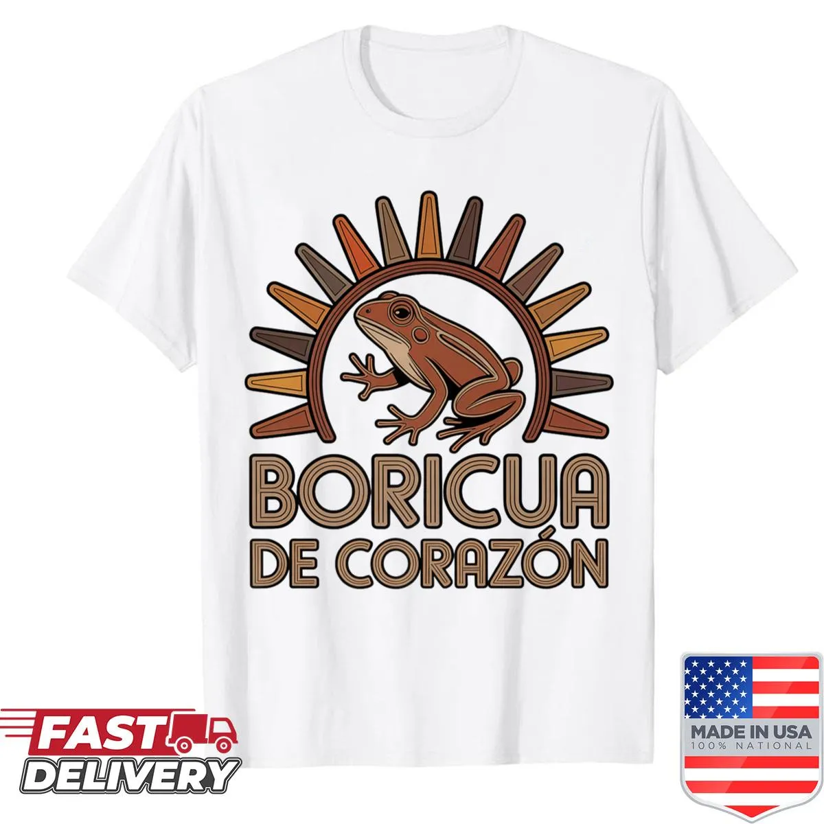 Boricua De Corazón text with tribal symbol graphic on t-shirt