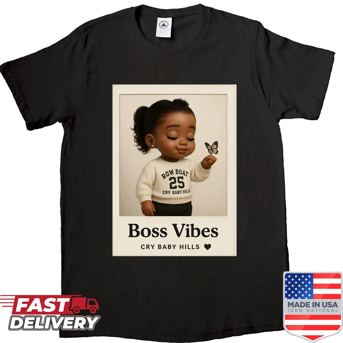 Oversized T-shirt featuring bold typography about boss vibes.
