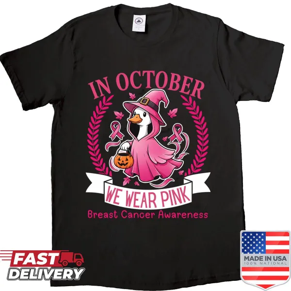 Halloween-themed goose shirt with breast cancer awareness message