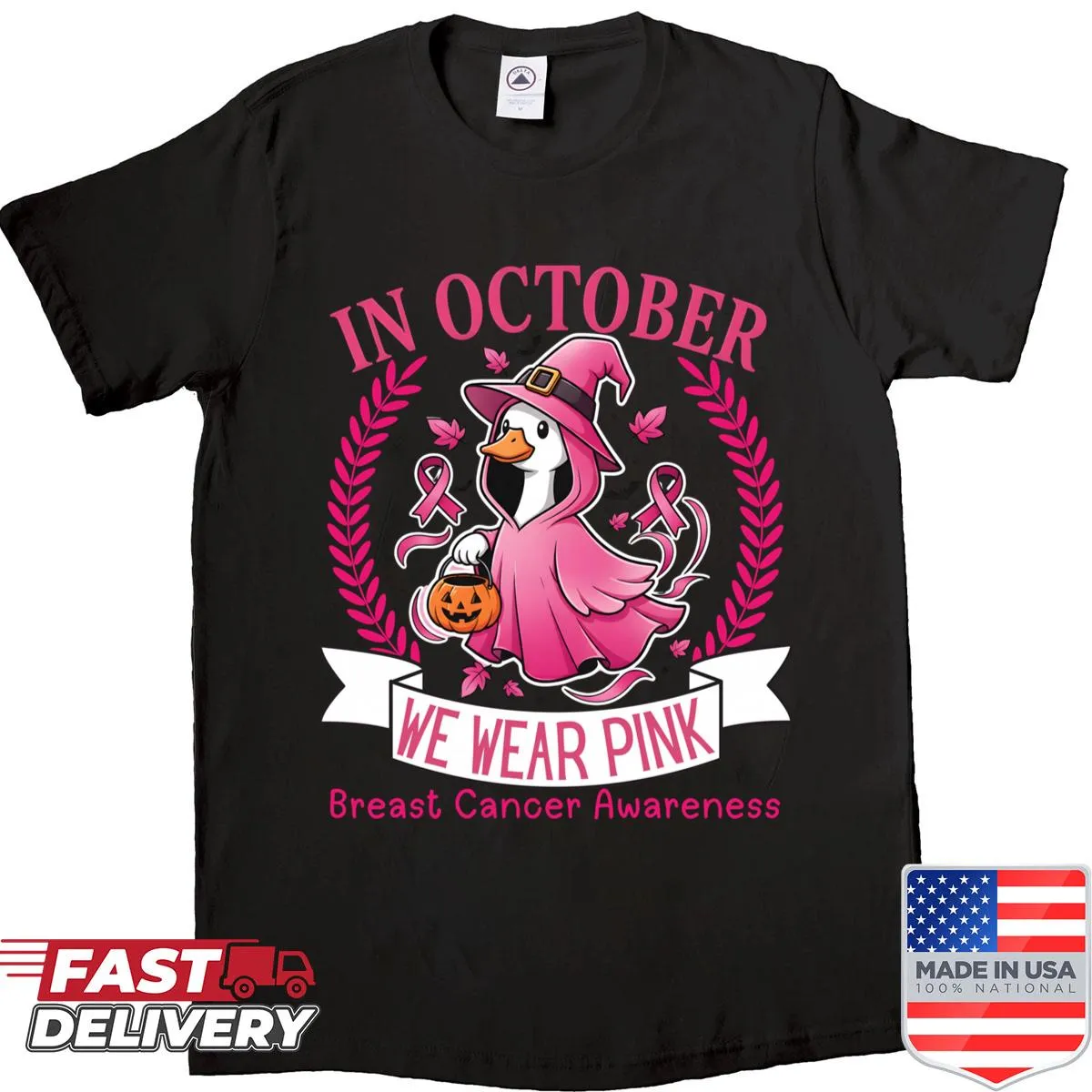 Halloween-themed goose shirt with breast cancer awareness message