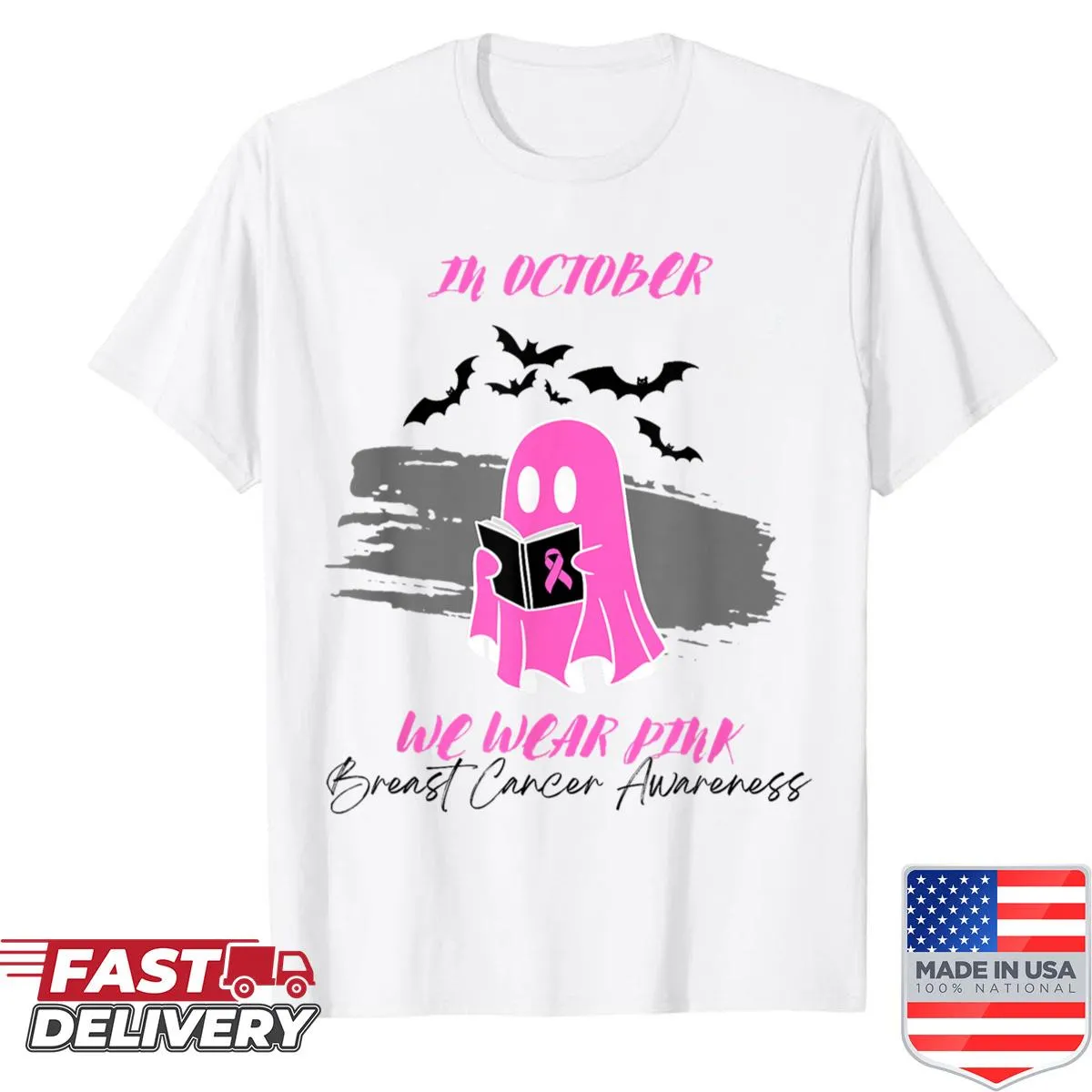 Halloween-themed shirt with the phrase 'In October We Wear Pink' for Breast Cancer Awareness