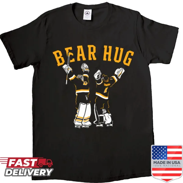 Illustrative shirt featuring a bear hugging a hockey goalie for Bruins fans.