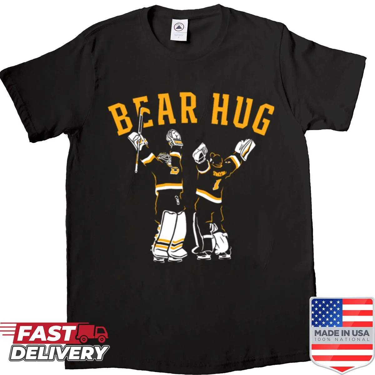 Illustrative shirt featuring a bear hugging a hockey goalie for Bruins fans.