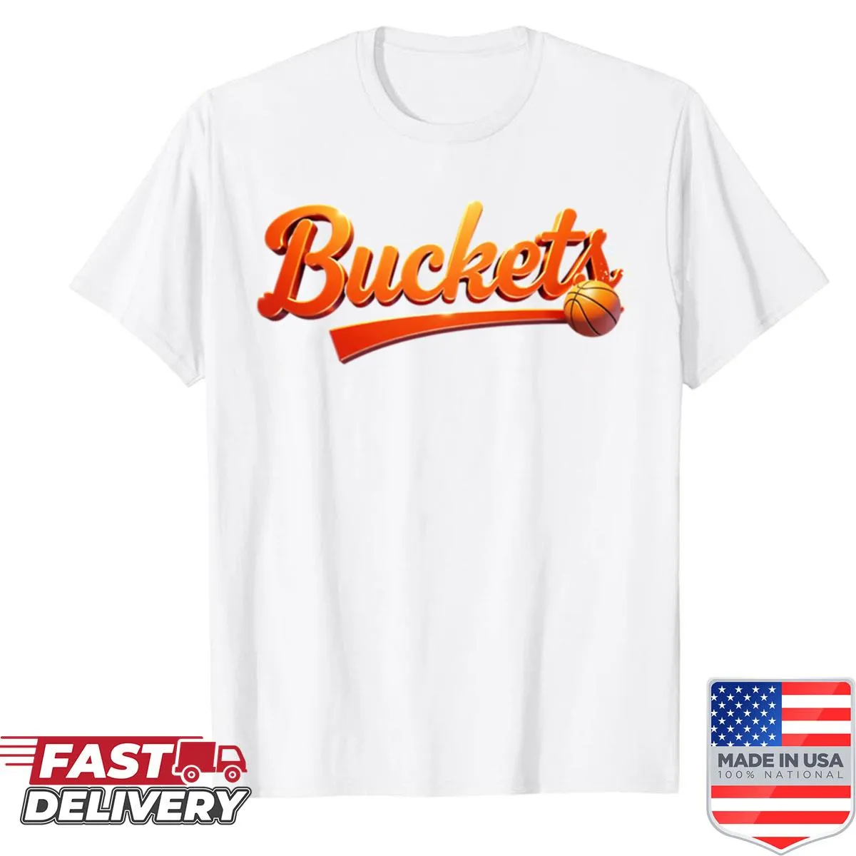 Graphic shirt featuring the word 'Buckets' in bold script for basketball lovers