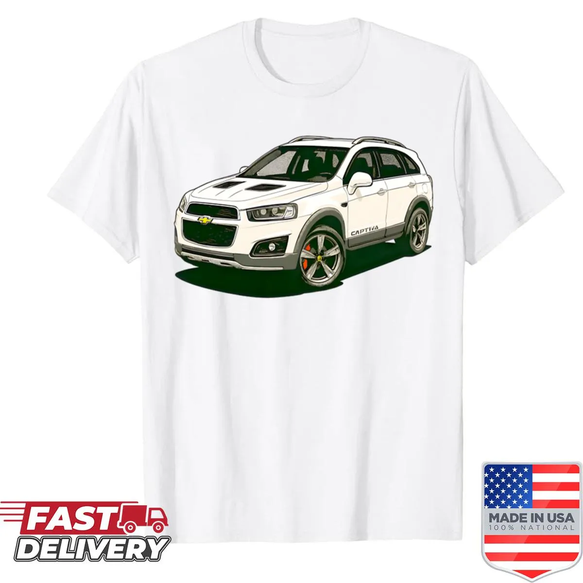Illustration of a Captiva SUV on an auto-themed shirt